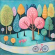 © Dariya - Whimsical Pastel Park Scene with Stylized Trees and Bike