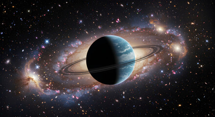 Wall Mural - stunning view of a planet in space with rings and galaxy in the background
