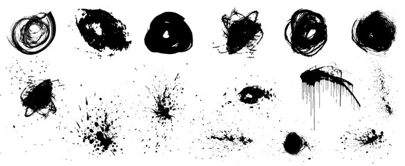 Wall Mural - Ink splatters. Vector brush paint splashes. Chinese calligraphy black rough scribble brustrokes collection. Grunge effect urban black paint splashes, blots. Dirty punk hand-drawn spray circles