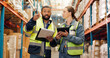 © peopleimages.com - Logistics, engineers or clipboard with inspection in warehouse for shipping, teamwork or cargo. Supply chain, people and point to freight inventory for quality control, digital checklist and export