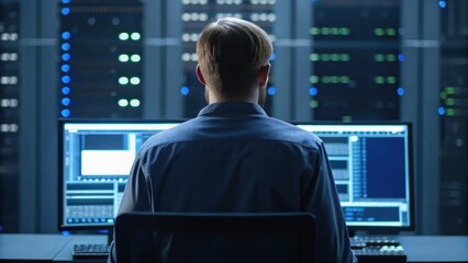 a person is seated in front of multiple computer monitors in a data center, focusing on digital disp