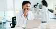 © peopleimages.com - Tablet, scientist problem solving and man in lab for research, vaccine development or chemistry idea. Think, science and happy medical worker with breakthrough, insight or reading peer review journal