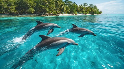 Wall Mural - a pod of dolphins joyfully leaping through the crystal clear turquoise waters of a tropical paradise