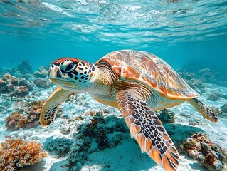 Wall Mural - Graceful sea turtle swimming through vibrant coral reef