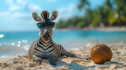Wall Mural - stylish zebra enjoying a tropical beach vacation
