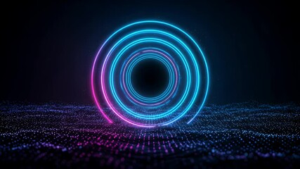 Wall Mural - Glowing concentric circles hover over a gradient wave pattern. Tech aesthetic