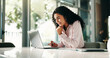 © peopleimages.com - Business, woman or happy with laptop in office for editor feedback, article research or proofreading. Media agency, journalist and tech for editing story, creative inspiration and reading information