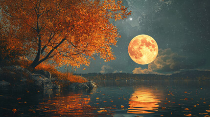Sticker - Full moon as orange, a tree reflected on the water, beautiful scenery, golden leaves, a fantasy, a dreamy landscape 