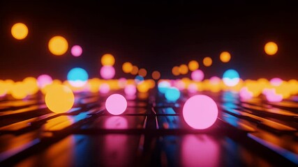 Wall Mural - Glowing spheres on reflective tiles create vibrant, abstract scene with colorful lighting