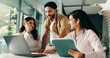 © peopleimages.com - Teamwork, business people and high five with tablet for celebration, milestone or accomplishment. Happy workers, group and success with laptop in office for good news, goal achievement or winning