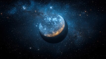 Wall Mural - Crescent moon-like planet amidst a starry night sky