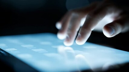 Fingers tap bright glowing screen of modern tablet late at night indoors