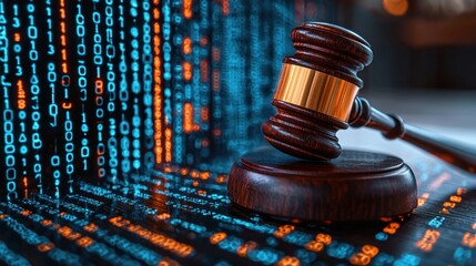 Digital law concept.  Wooden gavel on binary code