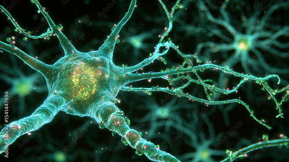 Close up view of a neuron and its dendrites revealing synaptic activity ...
