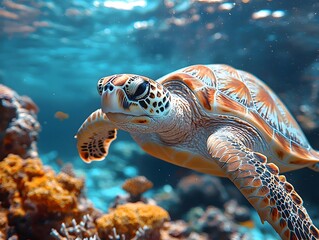 Wall Mural - A sea turtle swimming gracefully through vibrant coral reefs