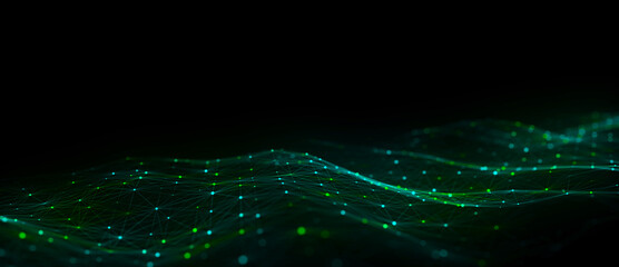 Wall Mural - digital hexagon dynamic wave of particles. abstract green futuristic background. big data visualizat
