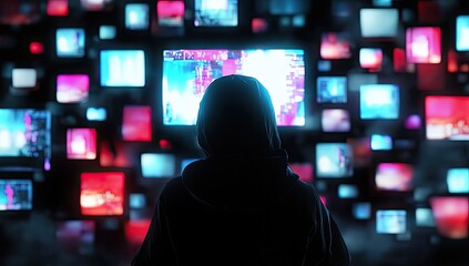 A hooded figure confronts a wall of glowing screens displaying diverse data streams