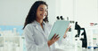 © peopleimages.com - Research, woman and scientist in laboratory with tablet for project, discovery or experiment. Digital technology, medical science and female microbiologist with report for pharmaceutical innovation.