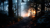 A vintage-inspired postcard of a foggy forest at twilight, with the faintest glow of light from the setting sun filtering through the fog and illuminating the landscape.