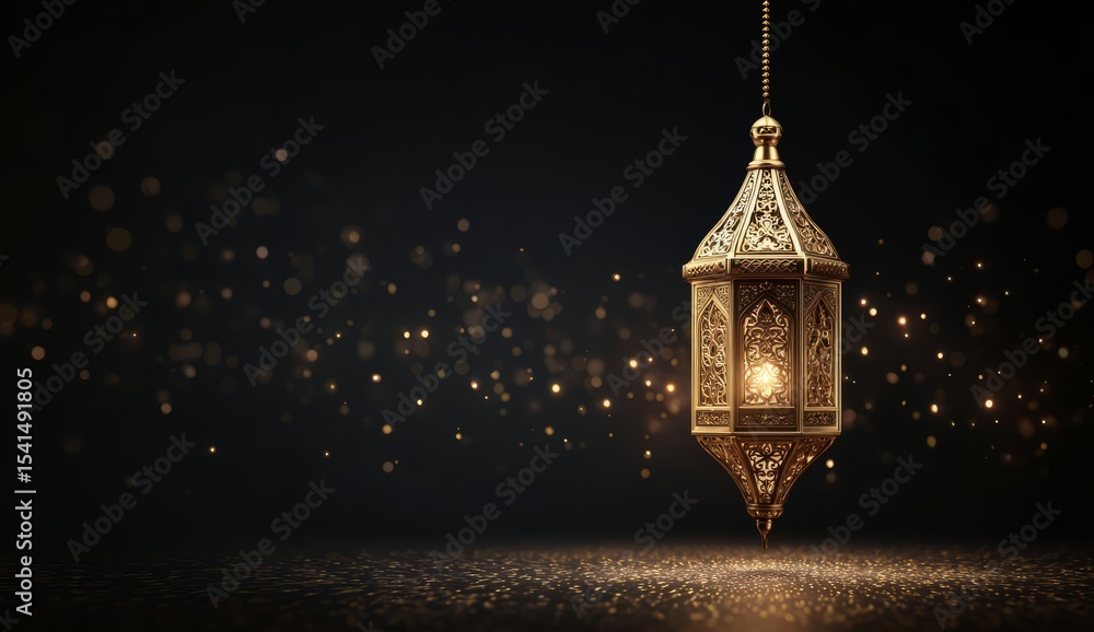 Elegant golden lantern with Ramadan and Islamic elements on a black ...
