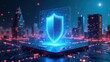 © Bright - Glowing cyber security shield on a platform with city background in blue and red lights at night