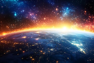earth from space at night with city lights and stars, a cosmic journey and connection