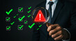 © oneday - Man in suit holding magnifying glass over red warning sign among green checkmarks on dark background