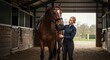 © Lato - Woman gently grooming a horse in a stable, with sunlight filtering through the open door, creating a serene atmosphere