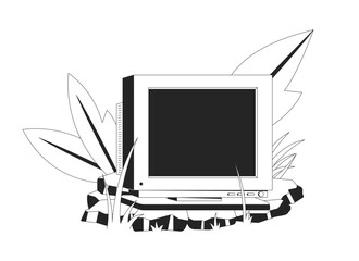 Wall Mural - abandoned crt monitor in nature 2d line object. old technology in rocky lush tropical plants. y2k te