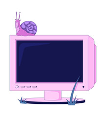 Wall Mural - snail perched atop pink crt monitor 2d cartoon object. retro technology with grass blades. y2k tech 