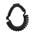 © Suryani - A black coiled leash featuring a padded wrist strap, designed for securing items during outdoor activities or watersports.