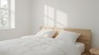 © insane - Cozy bedroom with a minimalist design, featuring a wooden bed frame with white bedding and soft morning light filtering through the window.