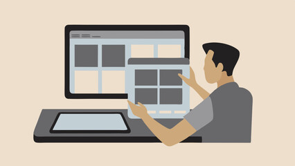 Man is working on a computer with a grid interface and a tablet on the desk in a minimalist style
