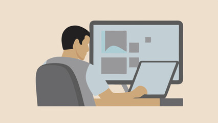 Man sitting at desk with computer and laptop working or studying in a minimalist style design
