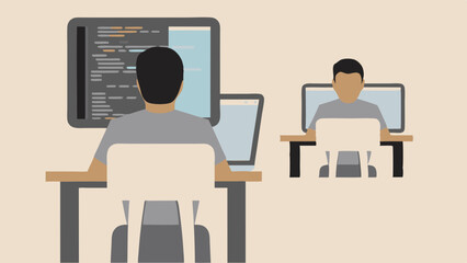 Illustration of two programmers working at their desks with computers and monitors setup in office