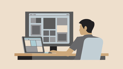 A person working on a computer with a laptop and a large monitor in front of them at a desk setup
