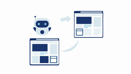 An illustration of a robot interacting with web pages and data transfer between web pages on white