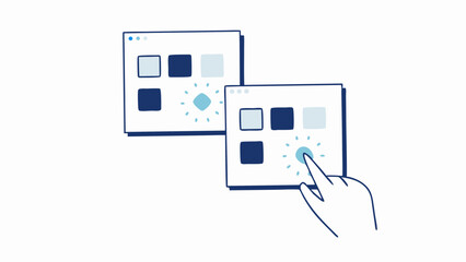 Illustration showing hand interacting with a user interface on two computer screens with square icons