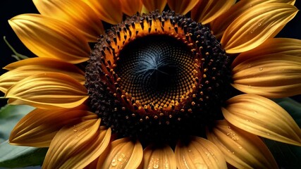 Wall Mural - Close-up shot of a vibrant yellow sunflower in full bloom, with its dark center and textured petals shining with water drops.