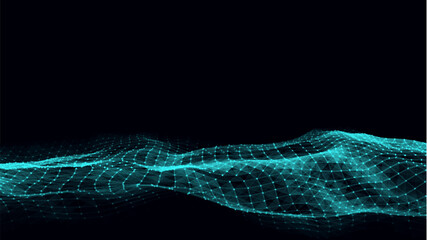 Wall Mural - abstract vector technology blue wave with motion glowing dots. dark cyberspace in digital background