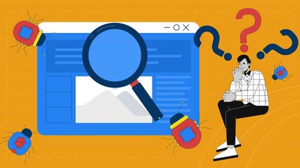 Bugs detection and debugging in web development 2D animation concept. Cybersecurity. Software testing. Confused developer magnifying glass animated cartoon flat metaphor creative 4K video stop motion