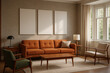 © alimohsin07 - Mid Century Modern Living Room Orange Sofa Wooden Furniture Neutral Walls Three Blank Canvases Bay Window