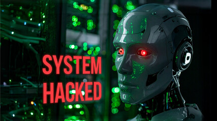 a futuristic robot's face is illuminated with glowing red eyes, next to a screen displaying 