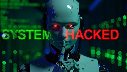 cybernetic humanoid, whispering, with eyes illuminated by intense red light, against a futuristic di