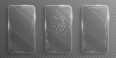 Set of sci-fi digital glass cards with shining circuit lines and hexagonal pattern for cyber ID card isolated on transparent background. Hi-tech dashboard screen for UI and GUI design. Vector.