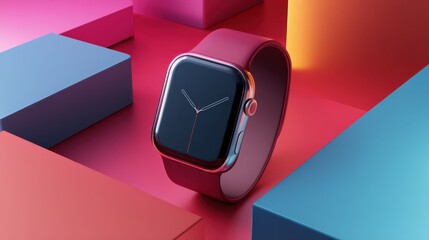 modern smartwatch with maroon strap on colorful background technology product shot