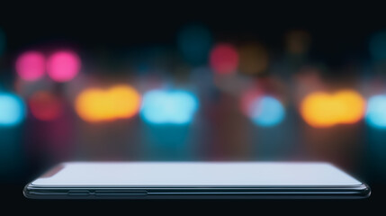 Wall Mural - smartphone on illuminated bokeh background: a modern smartphone is placed on a reflective surface, a