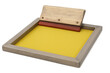 © ArtBox - Wooden screen printing frame with yellow ink and squeegee on transparent background