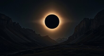 Wall Mural - Solar eclipse over mountain landscape with starry sky
