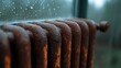 © Larisa AI - A close-up view of a rustic, rusty radiator adorned with water droplets, showcasing a sense of age and character, evoking feelings of nostalgia for bygone eras and warmth.
